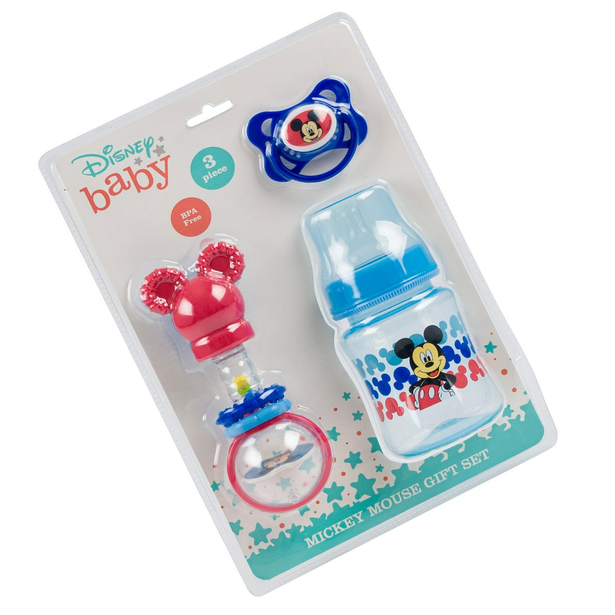Disney Baby Mickey Mouse 3 Pack Red & Blue Rattle, Bottle, Pacifier Set