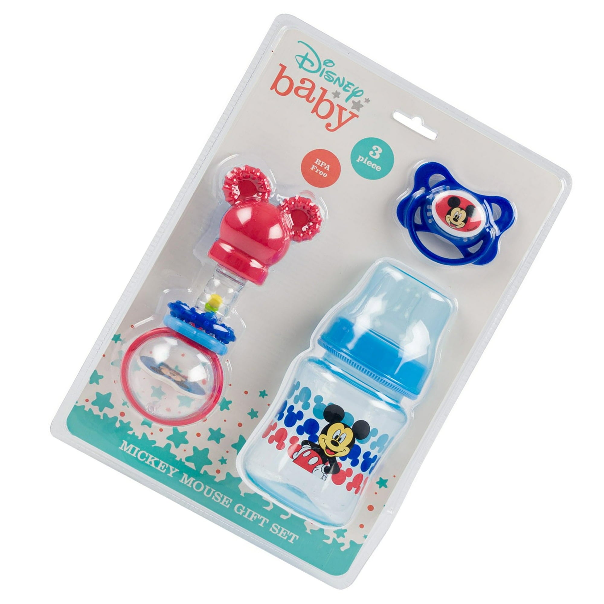 Disney Baby Mickey Mouse 3 Pack Red & Blue Rattle, Bottle, Pacifier Set