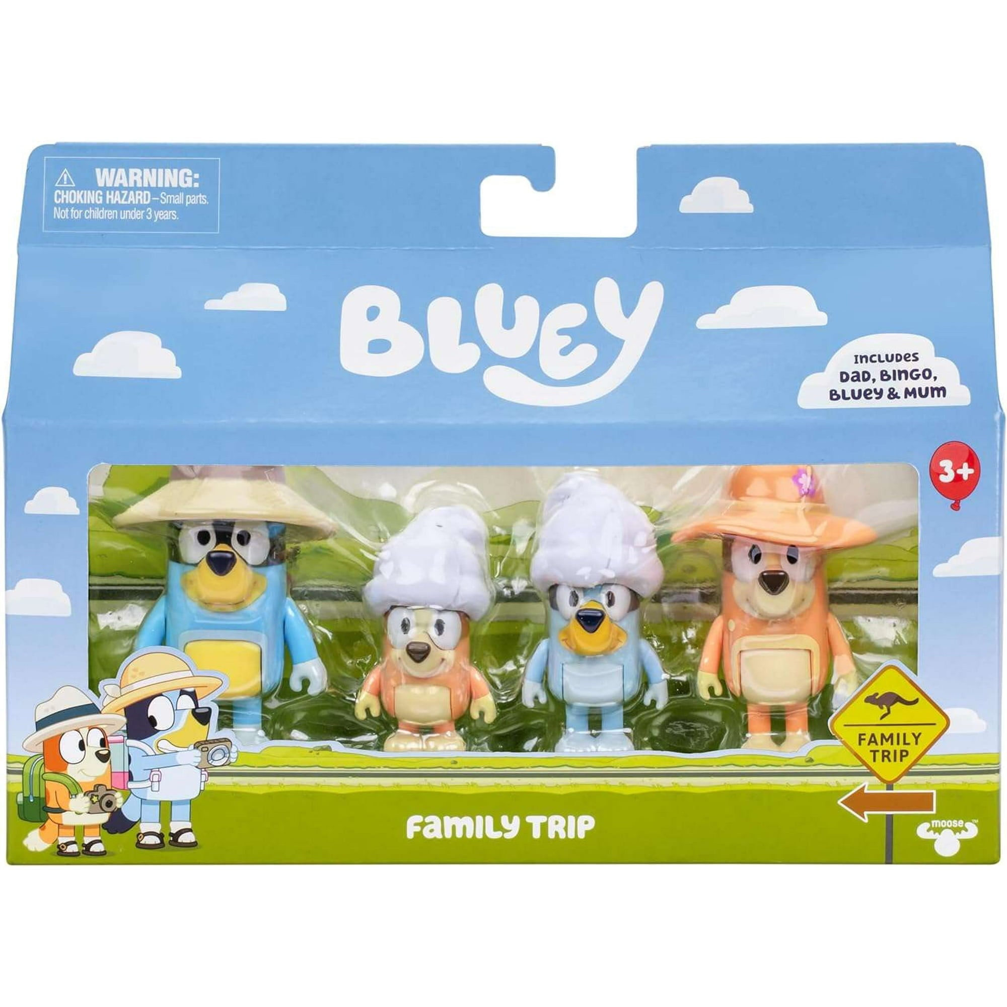 Bluey Family Trip 4-Pack, 2.5 inch Figures, Beach Dad, Mum, Bluey & Bingo, Ages 3+, Toddler Toys