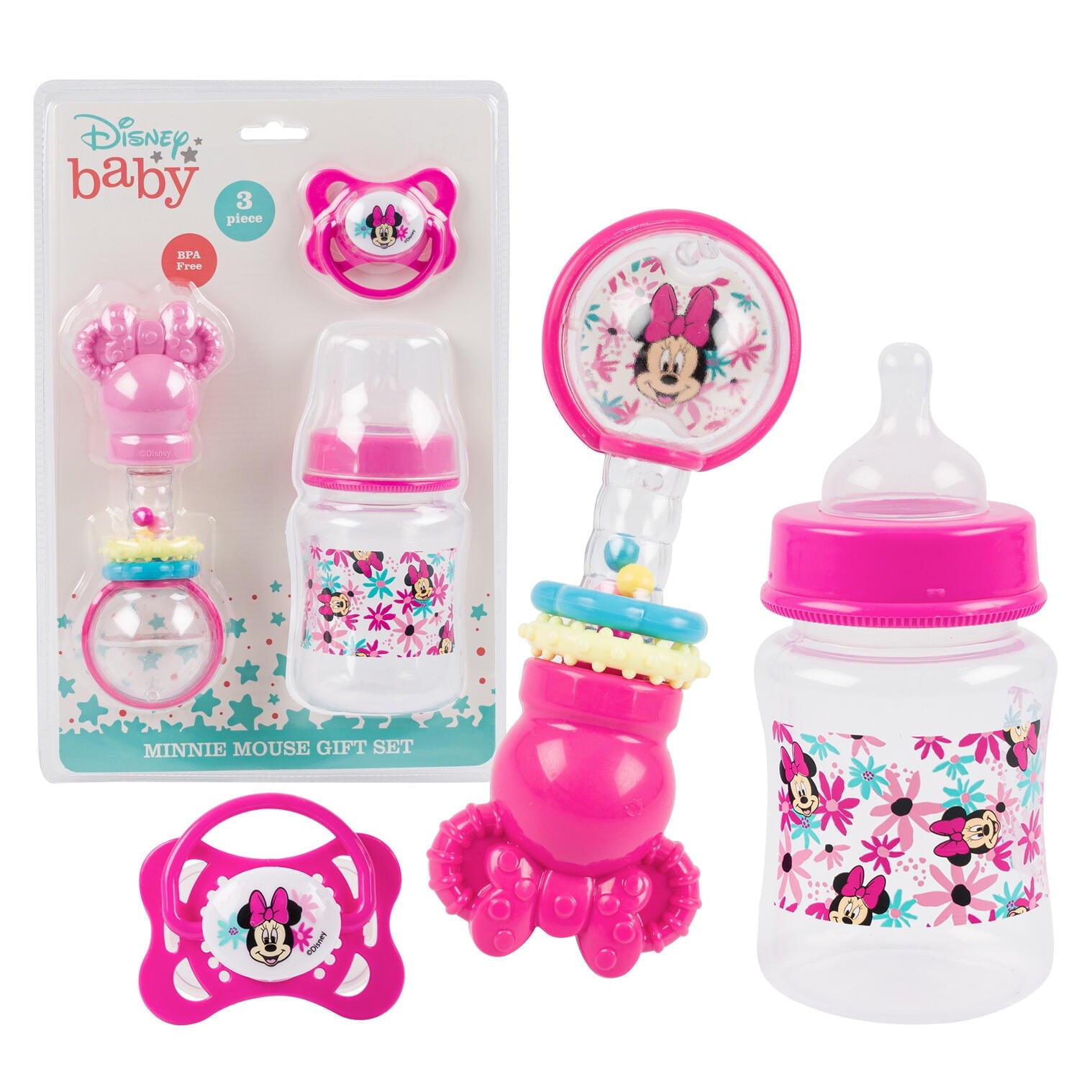 Disney Baby Minnie Mouse 3 Pack Pink Flower Pattern Rattle, Bottle, Pacifier Set