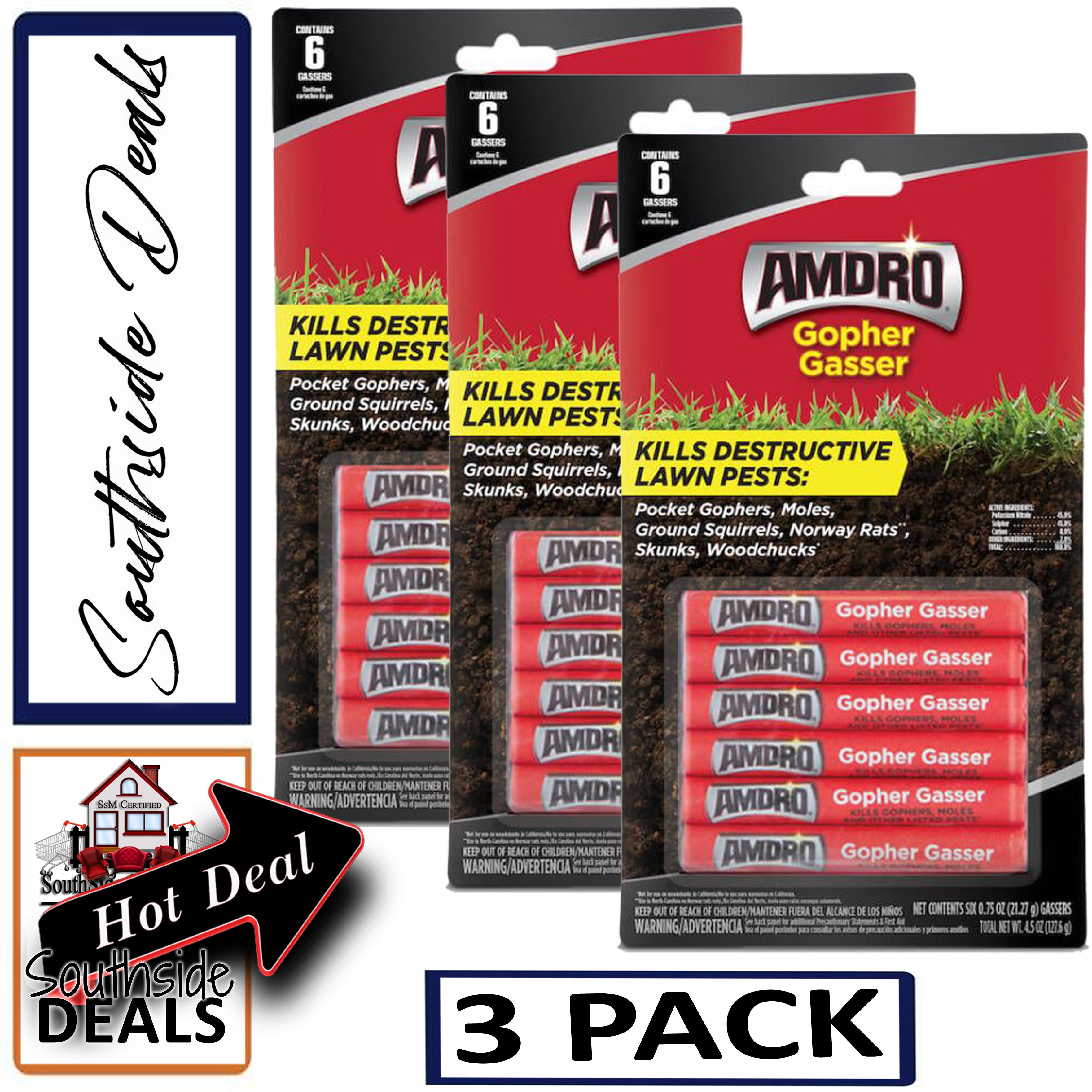 Amdro Gopher Gassers Kills Gophers Moles Rats Woodchucks Skunks Multi Packs of - 6 Gassers