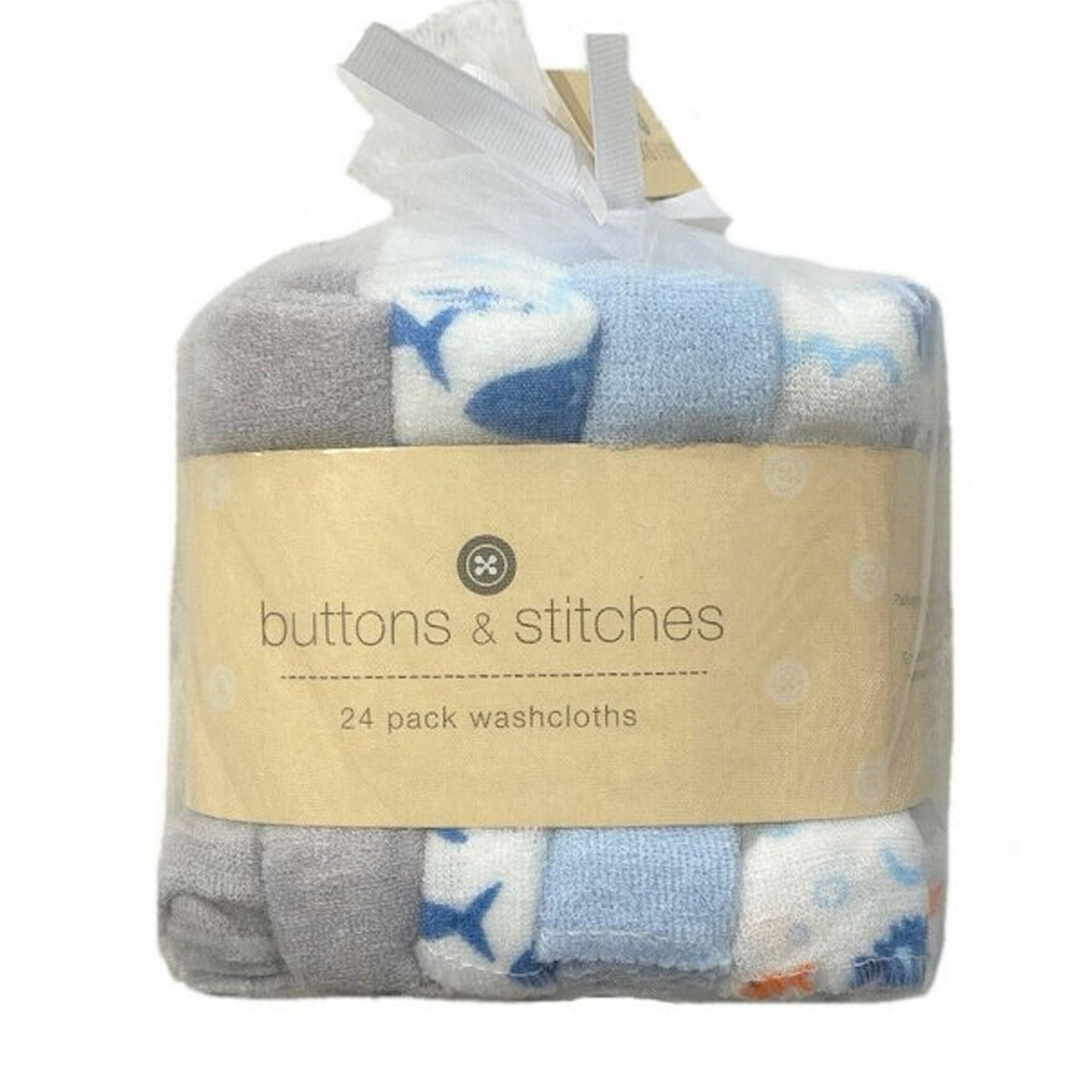 24 Pack of Baby Washcloths - Buttons & Stitches - Assorted Patterns for Male, Ages 12 months and up