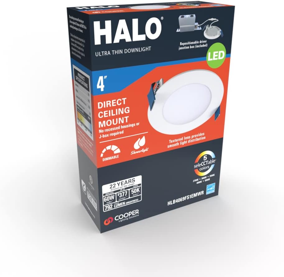 Open Box HALO HLB 4-Inch Thin Recessed Indoor/Outdoor Canless LED Downlight w/Selectable Color Temperatures 4-Pack