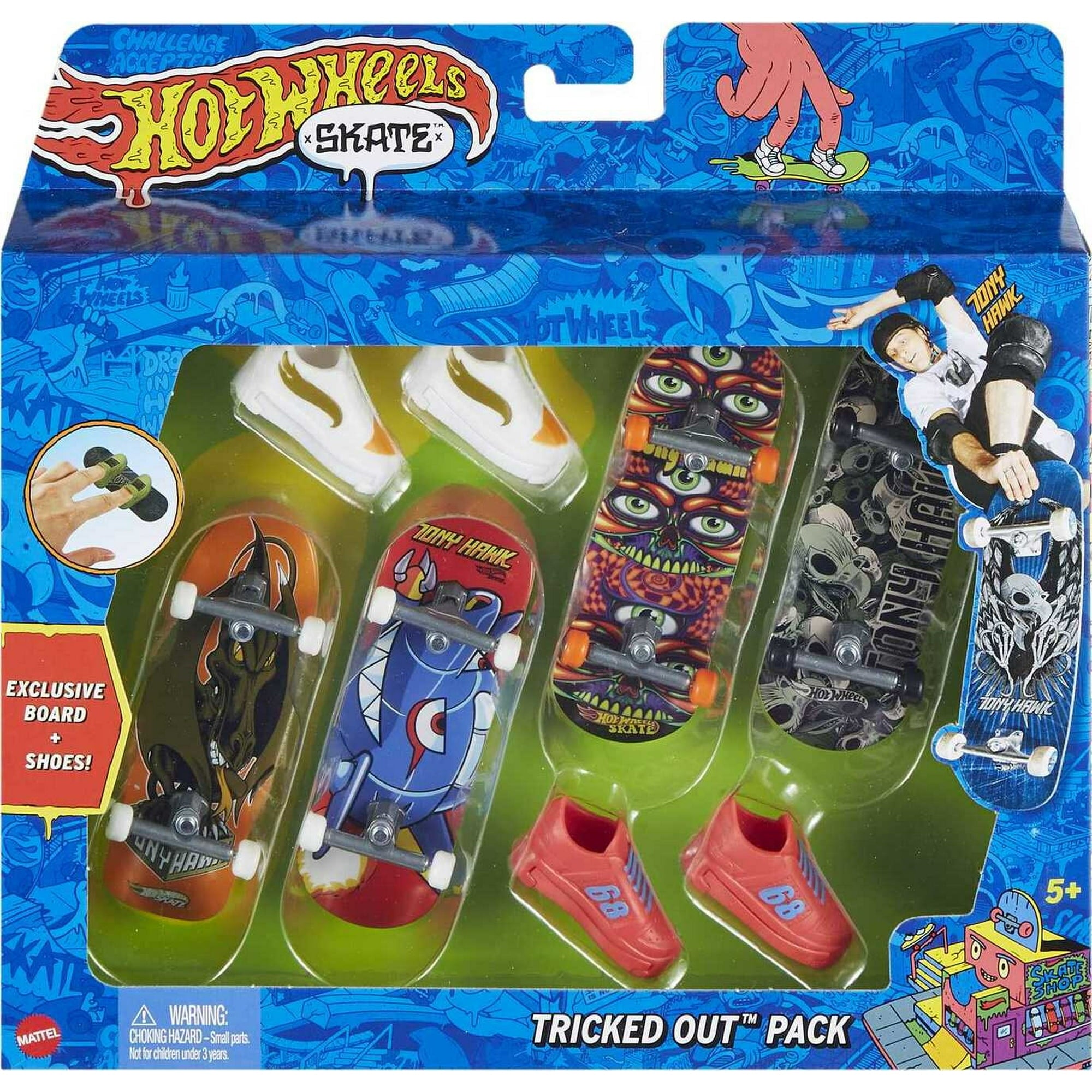 Hot Wheels Skate Set of 4 Tony Hawk Fingerboards & 2 Sets of Skate Shoes, 0.45 lbs (Styles May Vary)