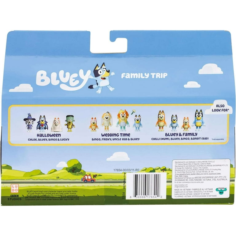 Bluey Family Trip 4-Pack, 2.5 inch Figures, Beach Dad, Mum, Bluey & Bingo, Ages 3+, Toddler Toys