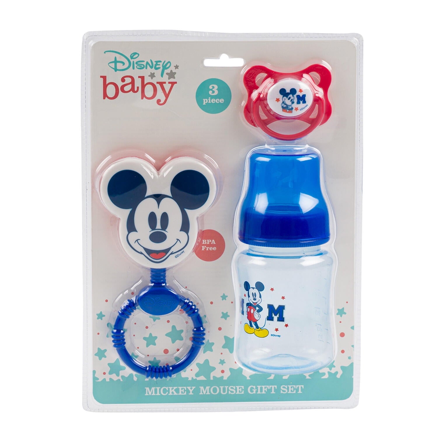 Disney Baby Mickey Mouse 3 Pack Blue Rattle, Bottle, Pacifier Set
