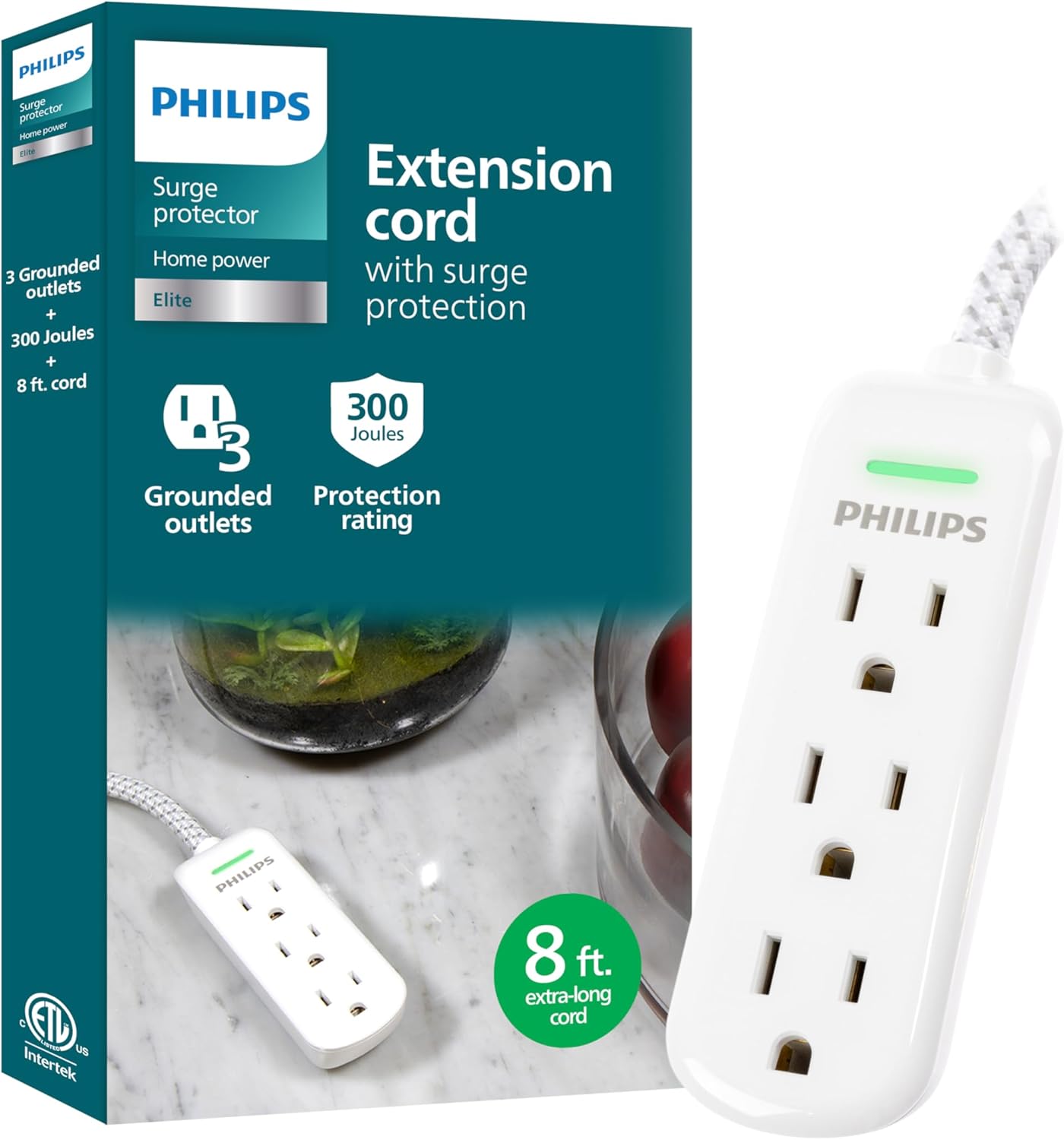 Philips 3-Outlet Grounded Extension Cord, 8 Ft Indoor Extension Cord with Surge
