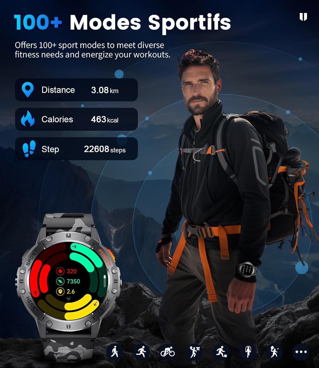 Sport Smart Watch for Men with Flashlight, 400mAh Battery, Waterproof & Sleep/Fitness Tracker