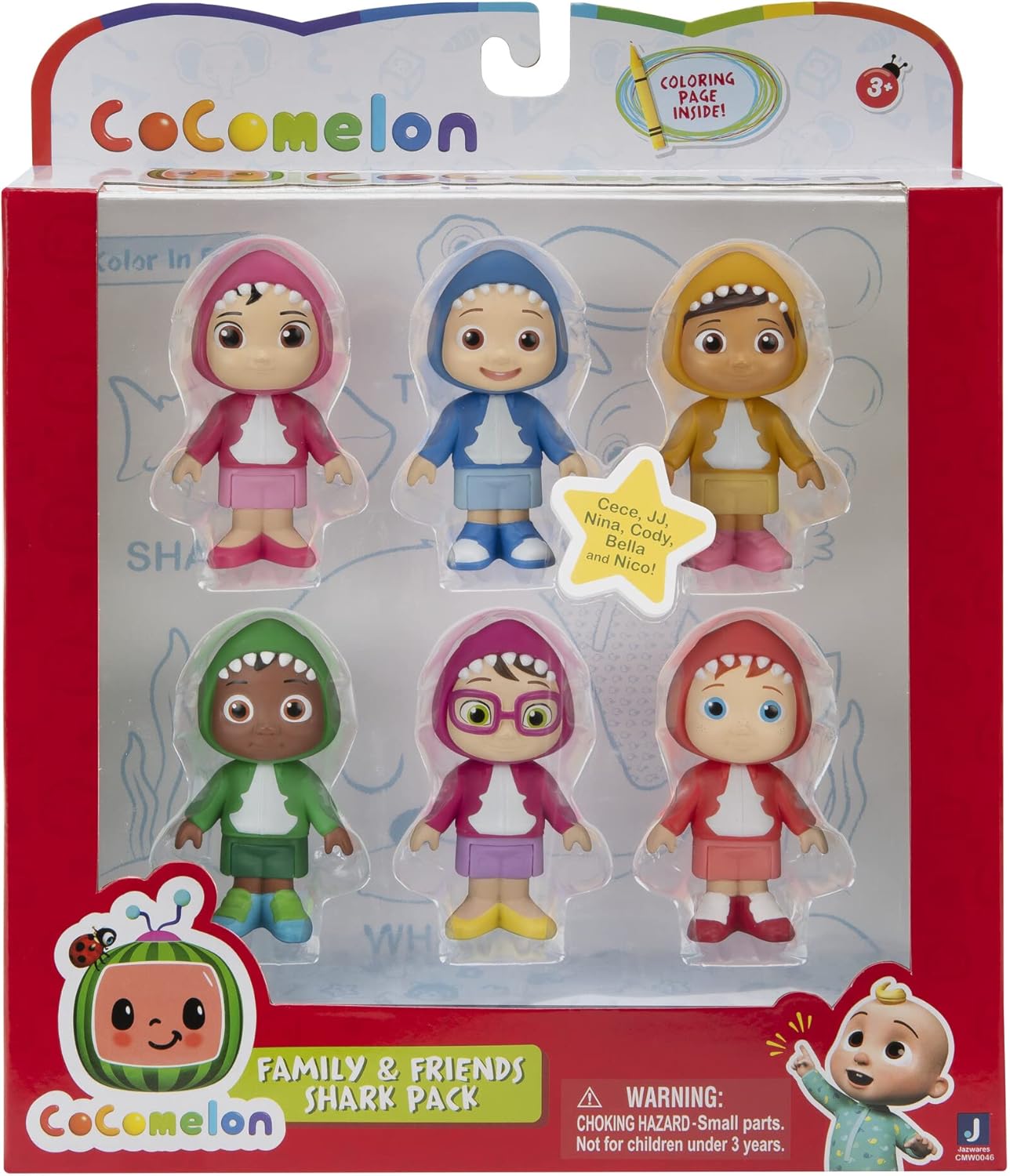 CoComelon 6 Figure Family and Friends Shark Theme Pack - Includes JJ, Nico, Cody, Nina, Bella and Cece in Shark Hoodies - Toys for Kids and Preschoolers