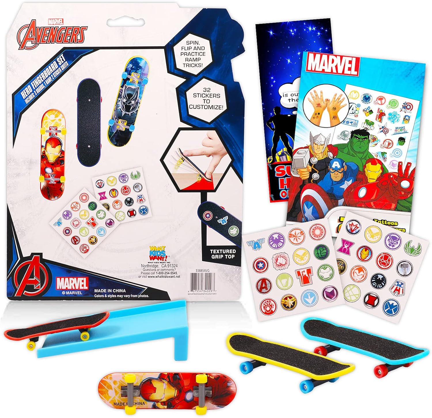 Marvel Avengers Fingerboard Toy Set 3 Pc Bundle with Marvel Avengers Finger Skateboard for Kids