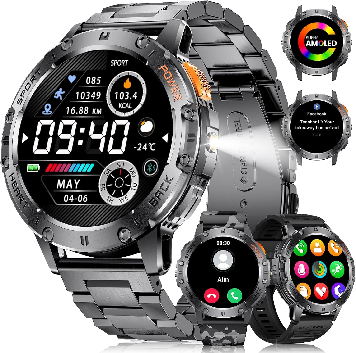 Sport Smart Watch for Men with Flashlight, 400mAh Battery, Waterproof & Sleep/Fitness Tracker