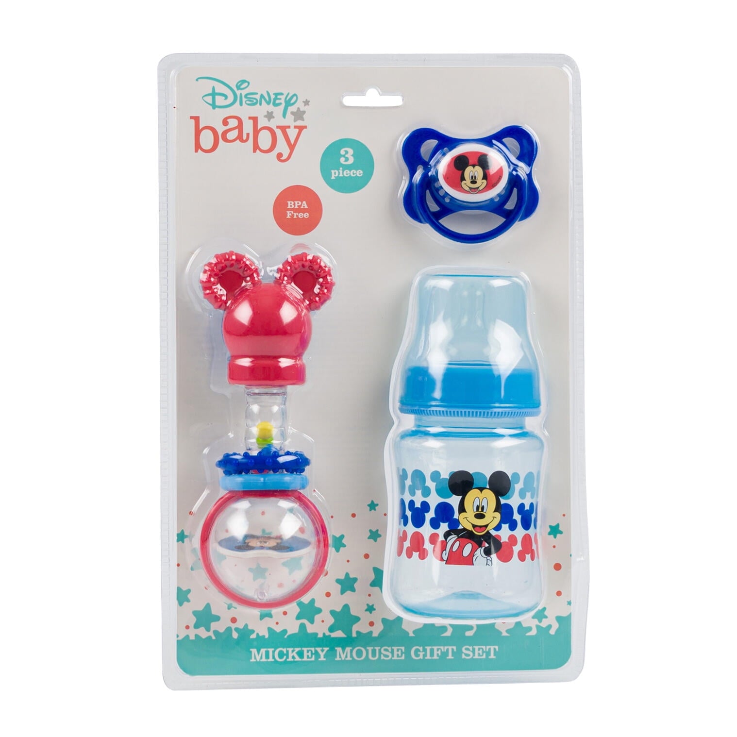 Disney Baby Mickey Mouse 3 Pack Red & Blue Rattle, Bottle, Pacifier Set