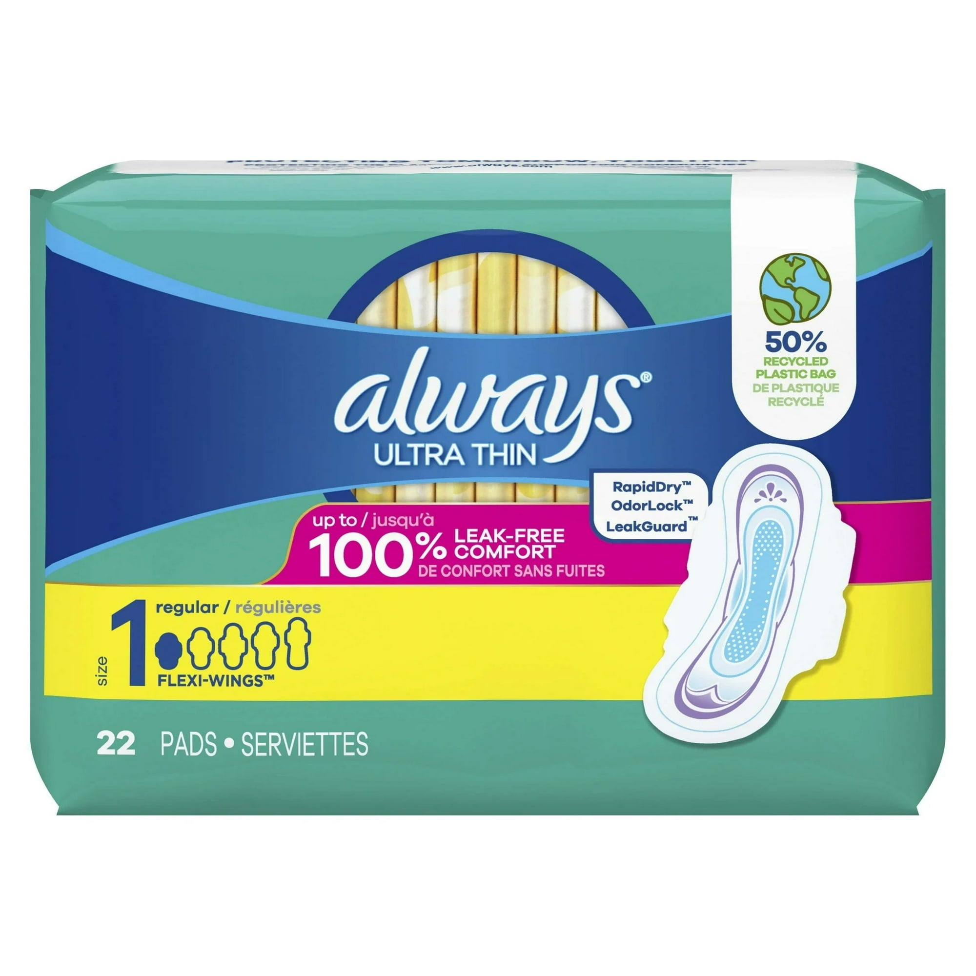 Always Ultra Thin Pads with Wings, Size 1, Regular Absorbency, 22 CT