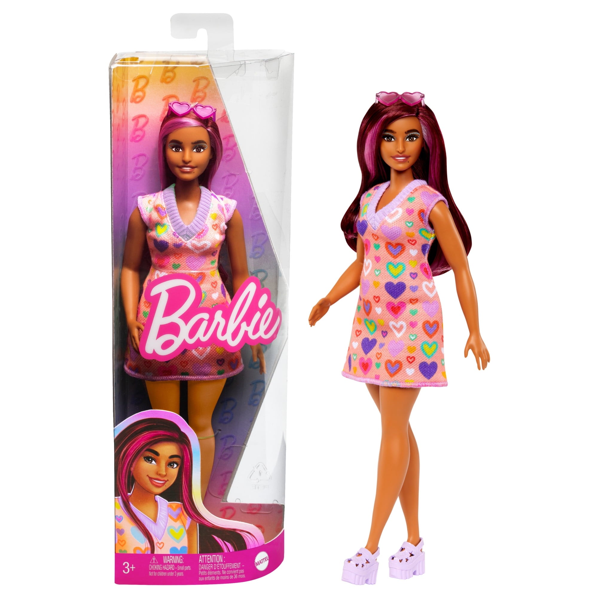 Barbie Fashionistas Doll with Pink-Streaked Hair and Heart Dress, 11.73 in