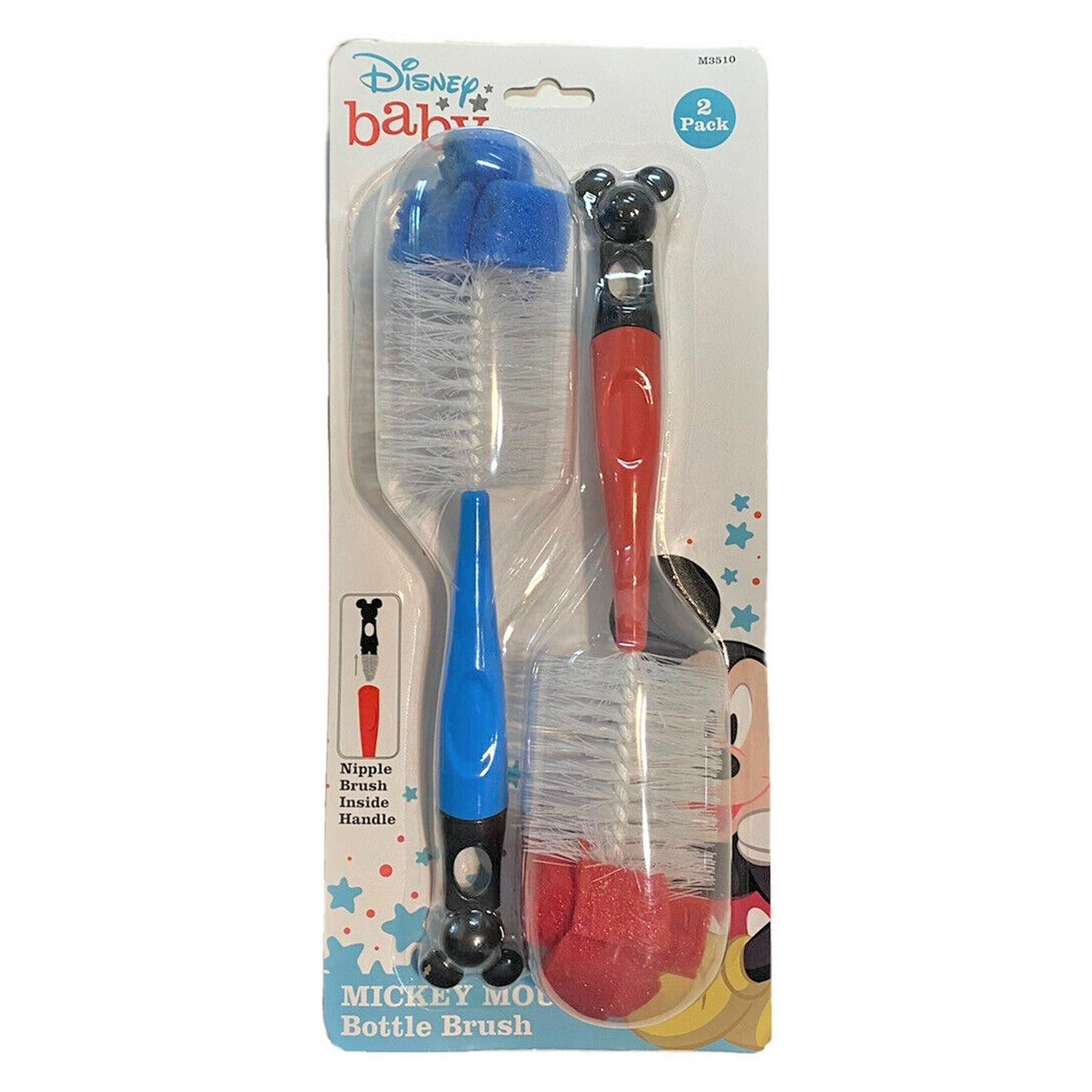 Disney Baby Two Pack Baby Bottle Brushes, Blue & Red Mickey Mouse Brushes, Tiny Brush Inside Handle