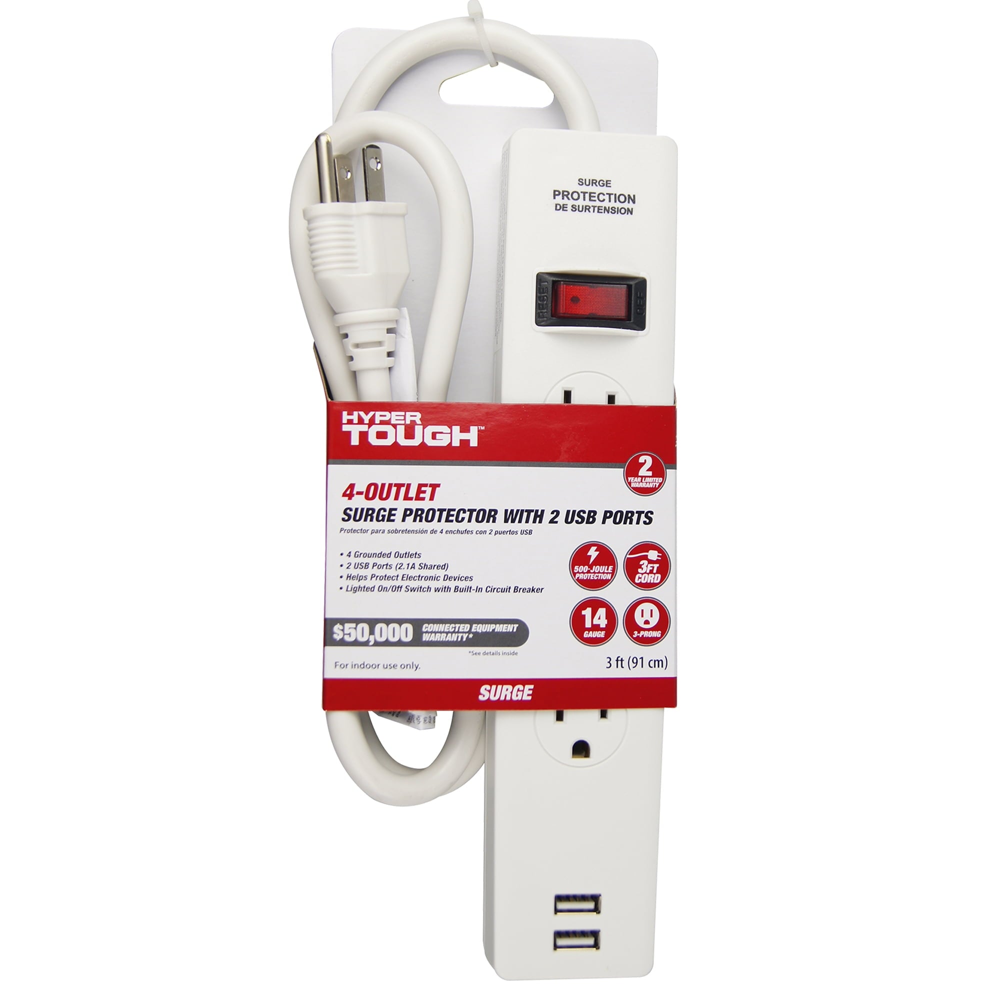 Hyper Tough 4-Outlet 3ft Power Cord 500-Joule Protection with Usb White