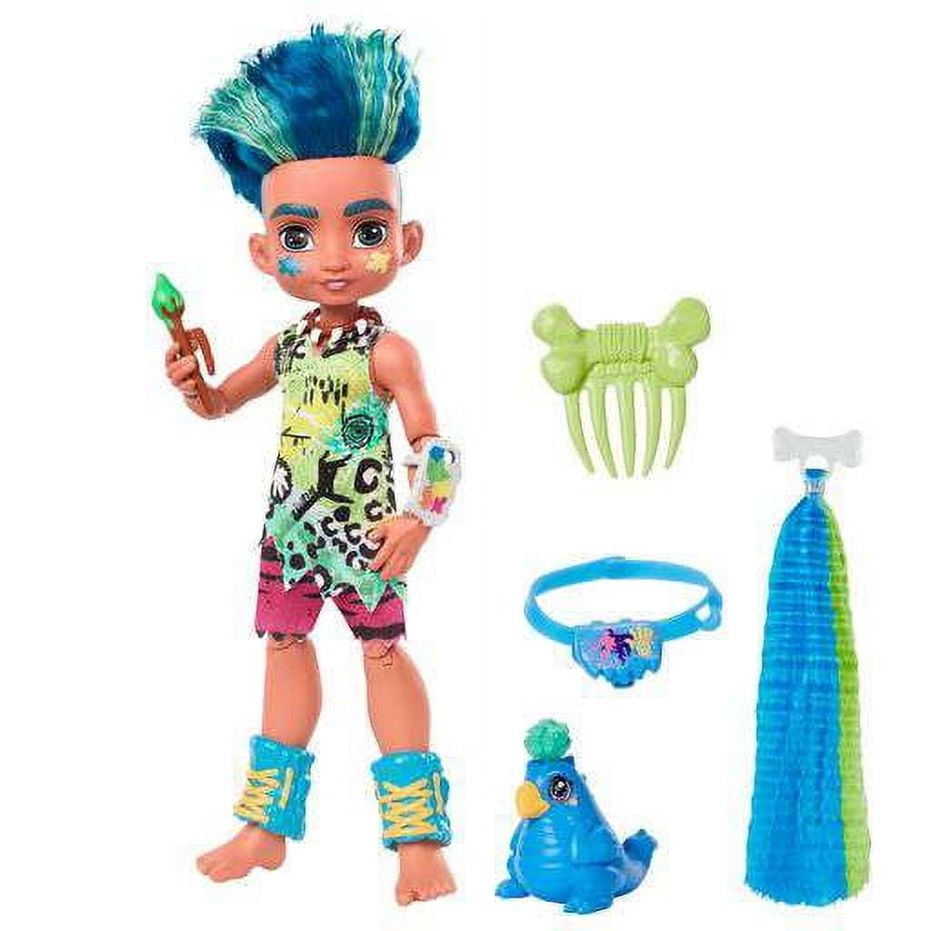 Cave Club Slate Doll 10-inch, Blue Hair Poseable Prehistoric Fashion Doll with Dinosaur Pet and Accessories, Gift for 4 Year Olds and Up