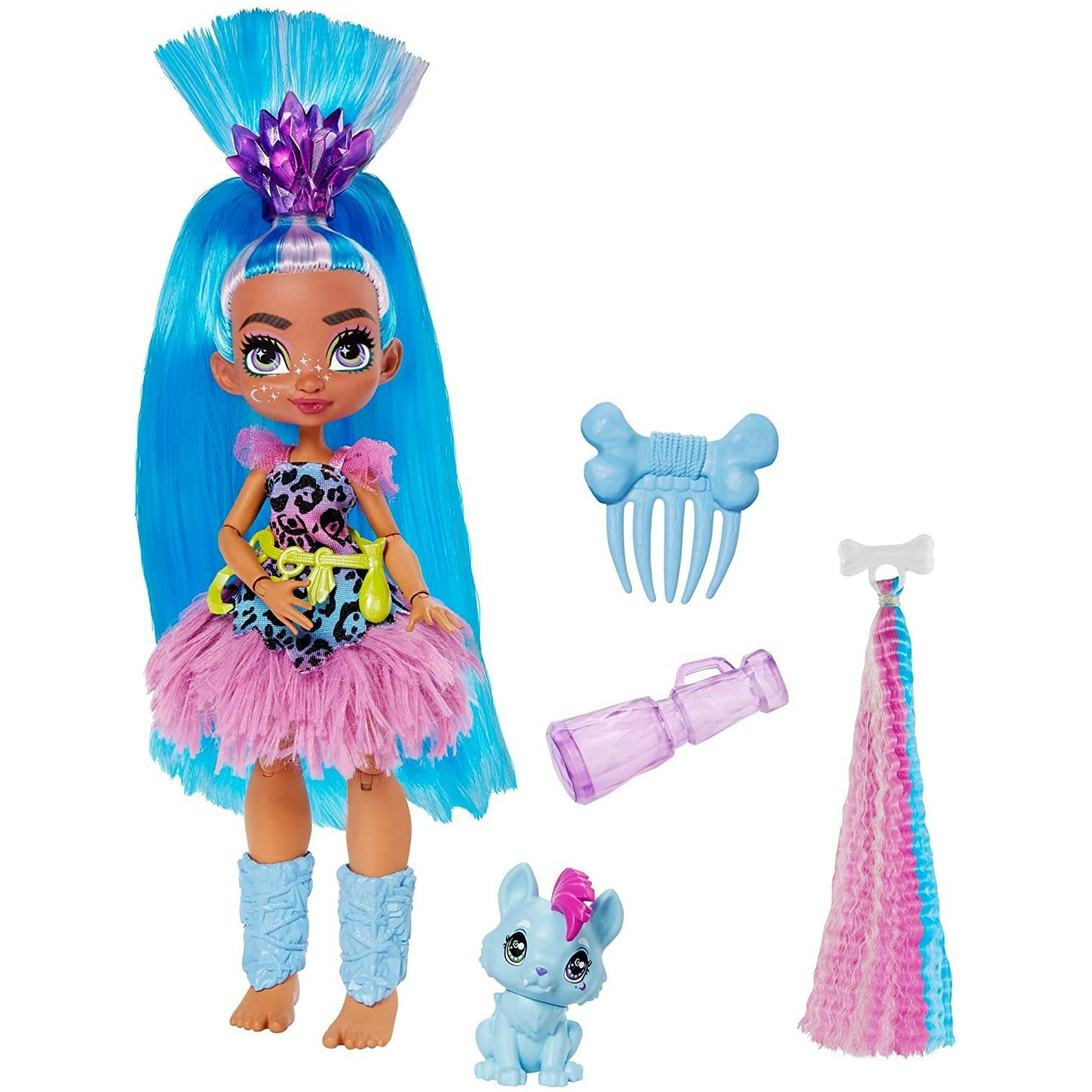 Cave Club Tella Doll 10-inch, Blue Hair Poseable Prehistoric Fashion Doll with Dinosaur Pet and Accessories, Gift for 4 Year Olds and Up