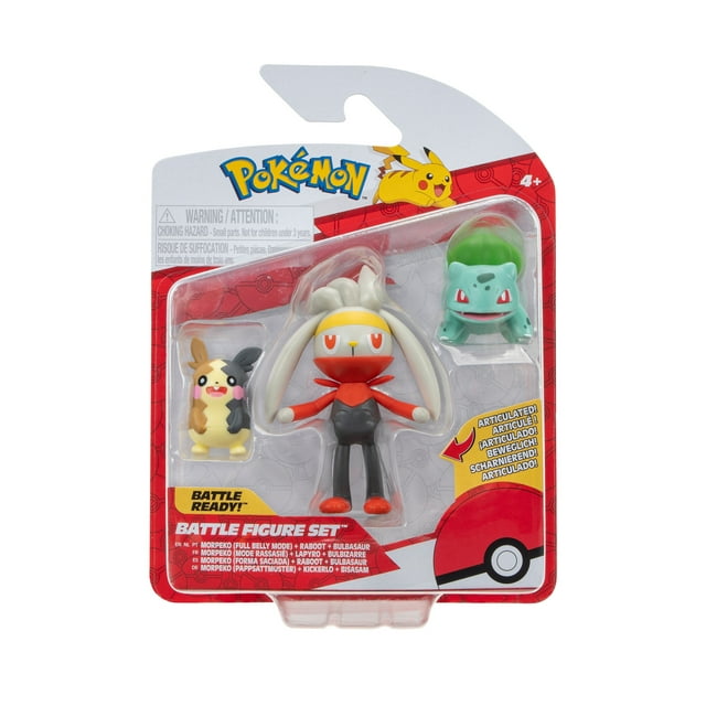 Pokemon Battle Figure 3 Pack - Features 2 inch Morpeko and Bulbasaur and 3 inch Raboot Battle Figures