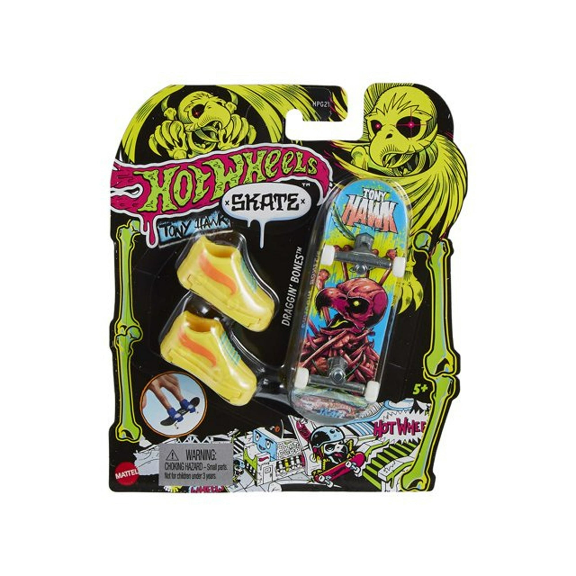 Hot Wheels Skate Neon Draggin' Bones Tony Hawk Fingerboard and Removable Skate Shoes