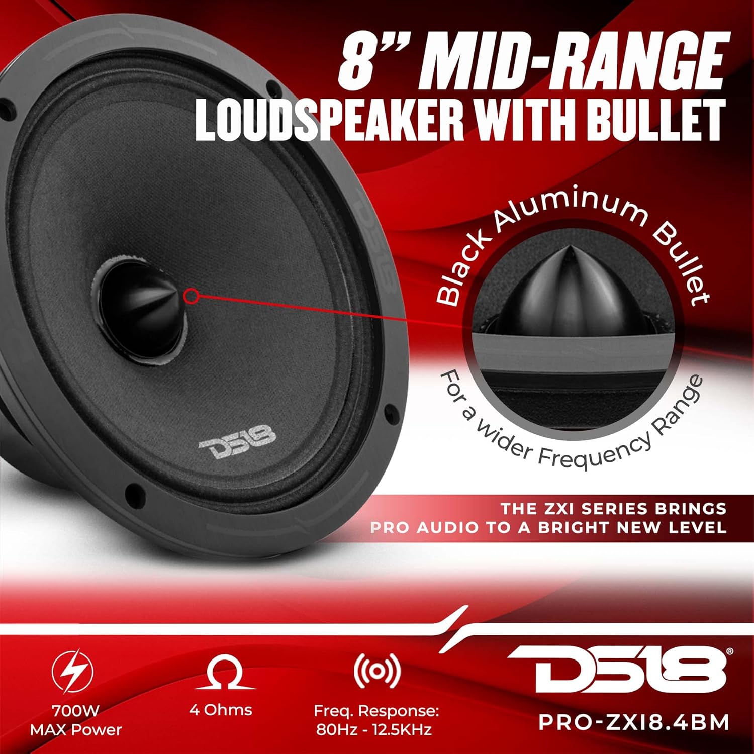 DS18 PRO-ZXI8.4BM 8 Inches Car Audio Mid-Range Loudspeaker with Bullet 700 Watts 4-Ohm (1 Speaker)