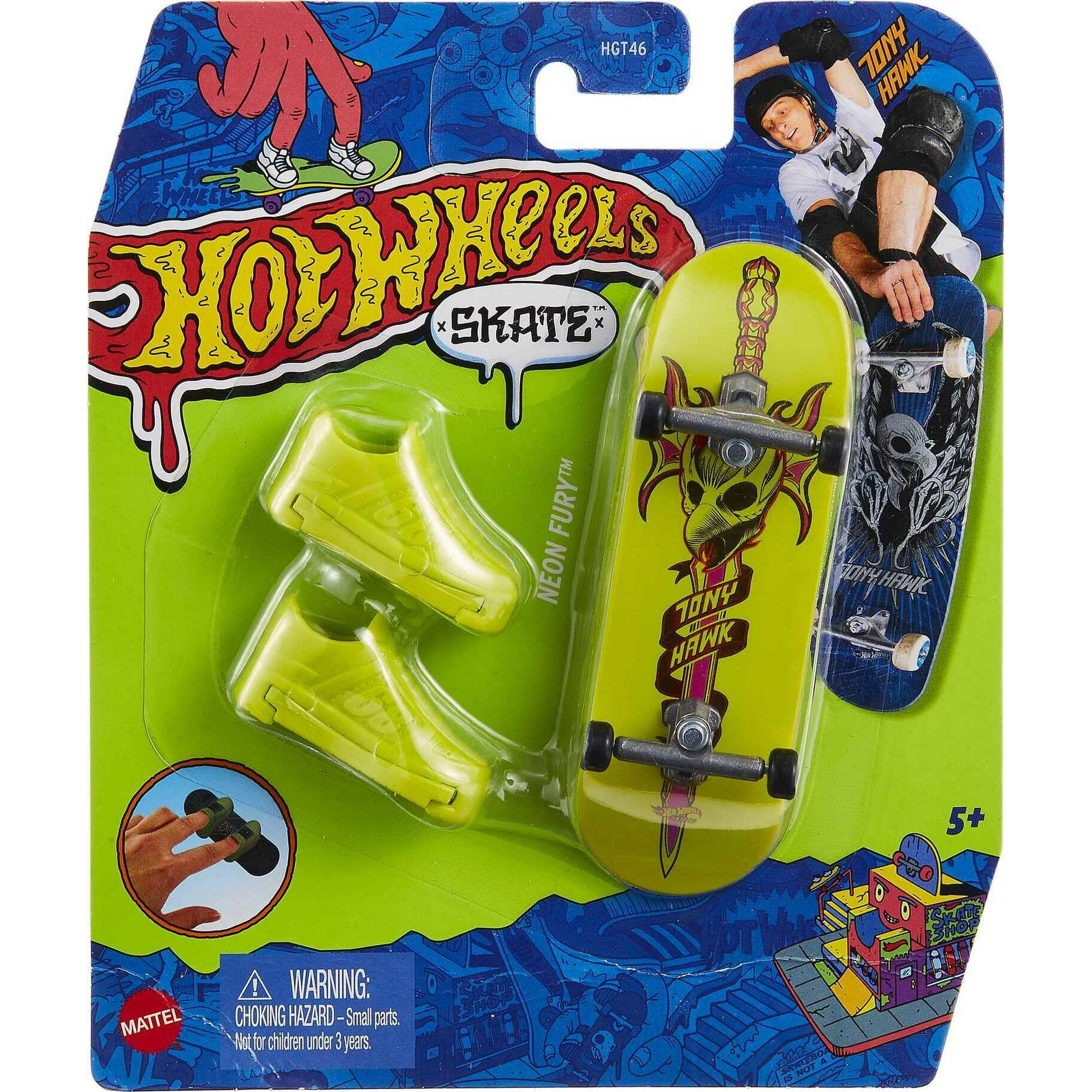 Hot Wheels Skate Tony Hawk Fingerboard & Skate Shoes, Toy for Kids (Neon Fury)