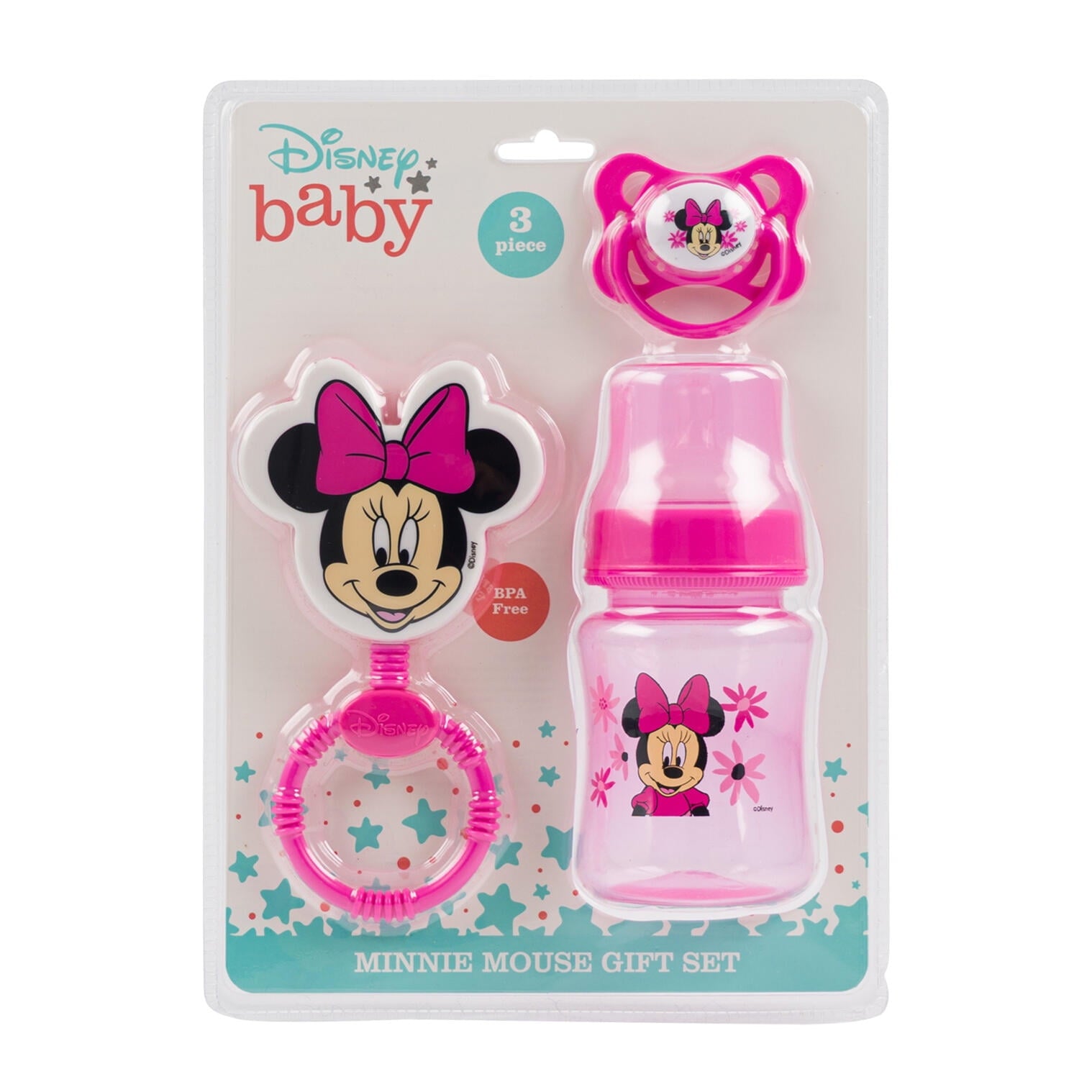 Disney Baby Minnie Mouse 3 Pack Pink Rattle, Bottle, Pacifier Set