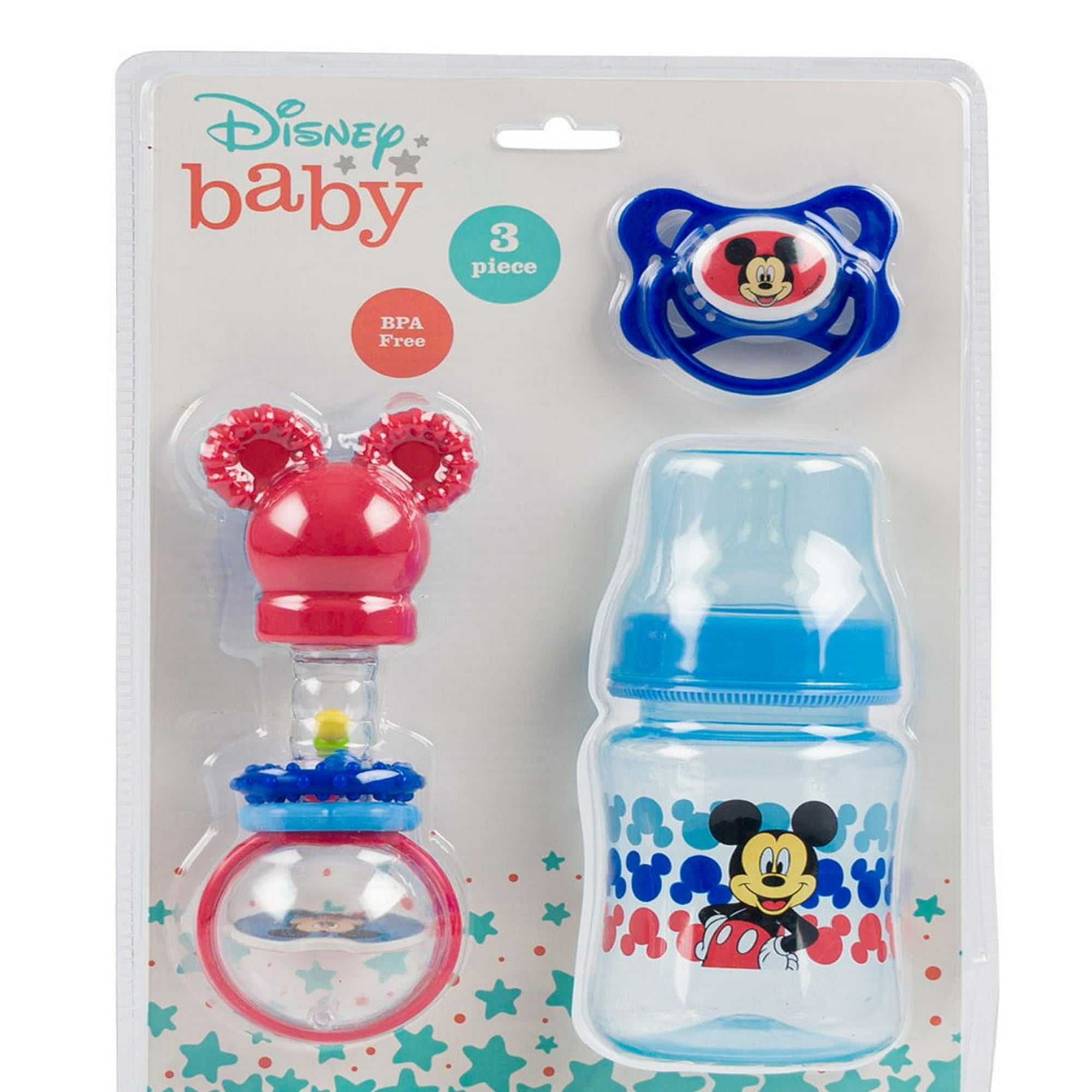 Disney Baby Mickey Mouse 3 Pack Red & Blue Rattle, Bottle, Pacifier Set