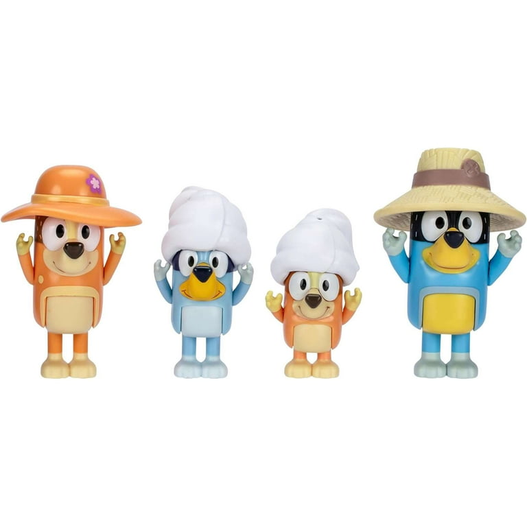 Bluey Family Trip 4-Pack, 2.5 inch Figures, Beach Dad, Mum, Bluey & Bingo, Ages 3+, Toddler Toys