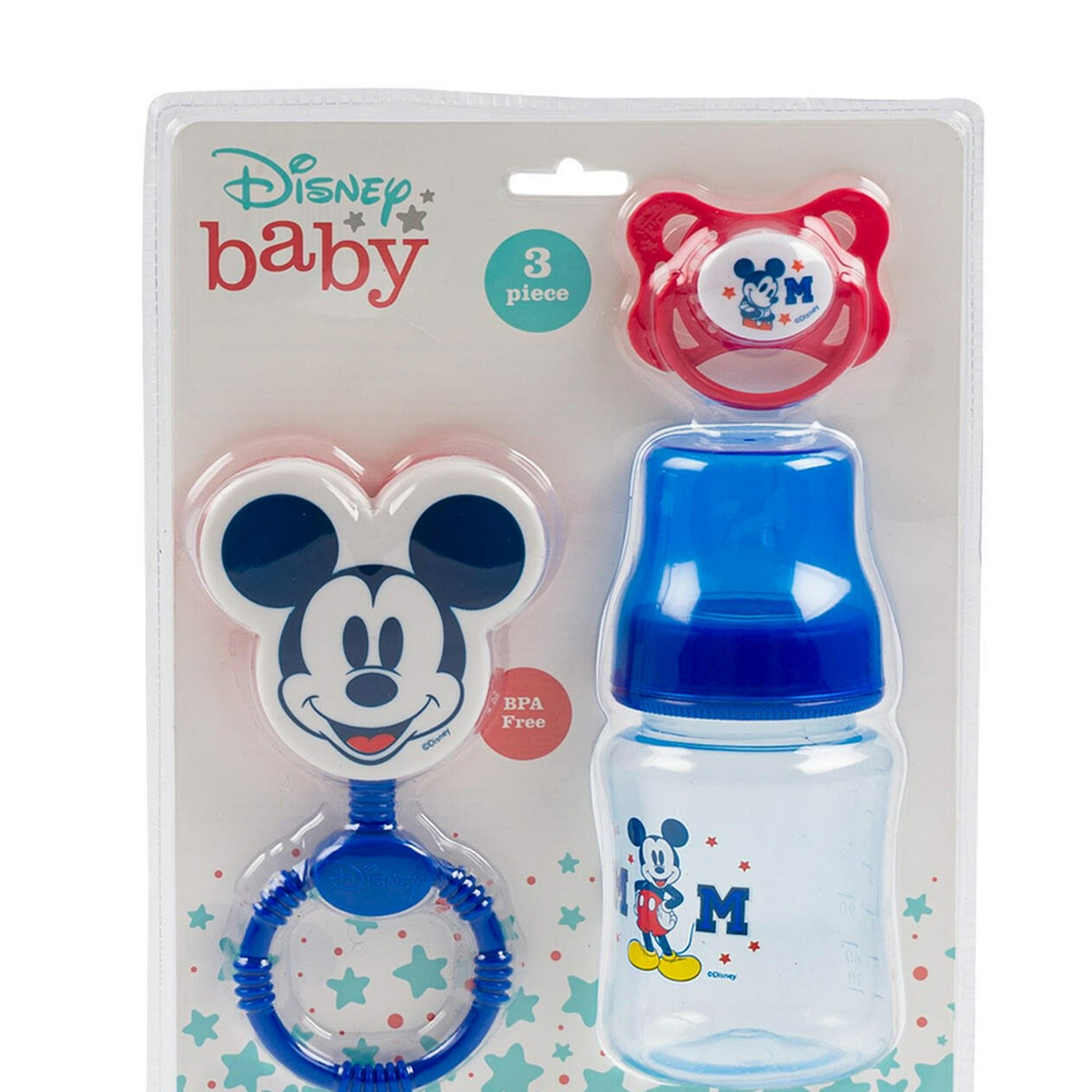 Disney Baby Mickey Mouse 3 Pack Blue Rattle, Bottle, Pacifier Set